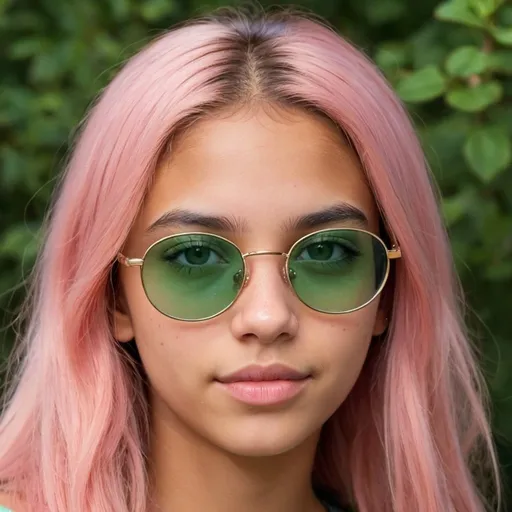 Prompt: A latin girl, with open  long bubblegumpink hair, green eyes. Normal nose, thin lips, 16 year old looking, semi rimless sunglasses, honey skintone, jawline