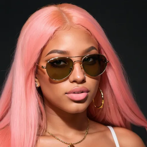 Prompt: A latin girl, with long pink hair, green eyes. Normal nose, normal lips, 15 year old. vintigewraparound sunglasses, honey skintone, megan thee stallion lipliner