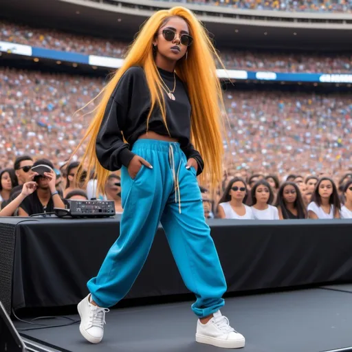 Prompt: 18 year old girl/ black latina skin/ with very long straight pinkhair/a oversize shirt in black/ baggy cagro pants,/yellowbrown eyes/ sneakers/ 5 cm long  oval nail extenions in blue / wrapearound sunglasses in black/ performig on a stage infront of millions of people