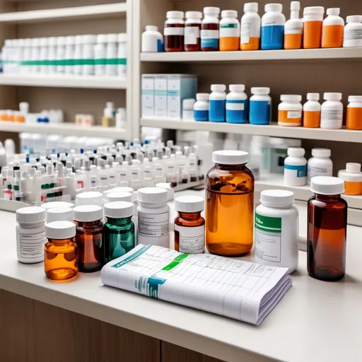 Prompt: a cover page with different pills capsules vials bottles of syrup and a work organiser on a pharmacy counter