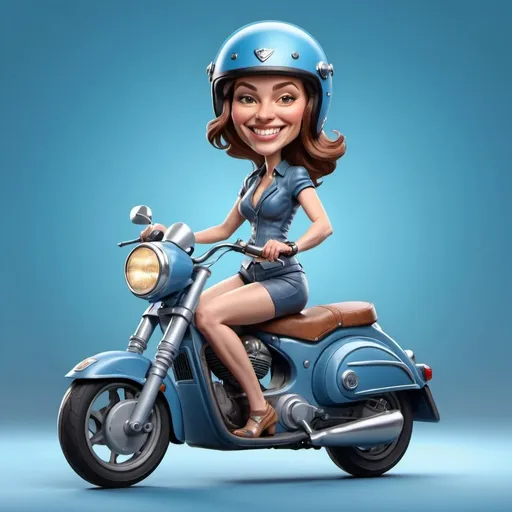 Prompt: Caricatures 4d of a woman riding a blue Vespamotorbike,smile, wearing a helmet, themotorbike facing the front of the camera, faceview, blue gradient backround