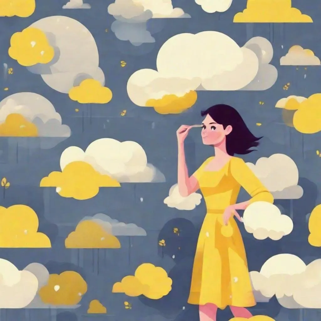 Prompt: 2d flat art, a woman in a yellow dress, vector art, cloudy day, cover art, bright colors, cute illustration