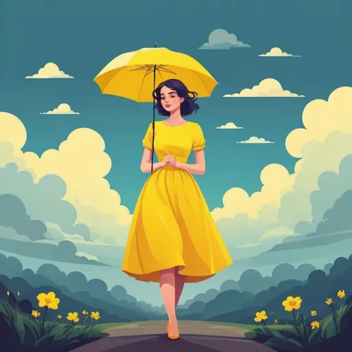 Prompt: 2d flat art, a woman in a yellow dress, vector art, cloudy day, cover art, bright colors, cute illustration