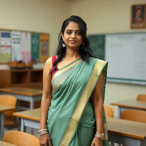 Prompt: beautiful south Indian teacher on sleeveless saree, removed her saree to show her cleavage and thigs in classroom