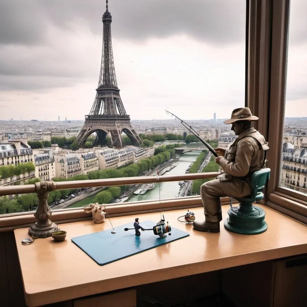 Prompt: Fishing on the desk in eiffel tower