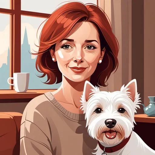 Prompt: (flat illustration), (vector illustration), cartoon style, attractive woman in her 40s, (red and brown hair), (neutral colors for clothing), cute westie dog, cozy ambiance, high resolution, ultra-detailed, charming background elements, artistic flair, eye-catching composition, suitable for print, engaging design.