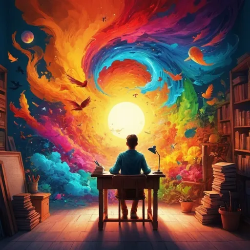 Prompt: A bright image that uses colors to express the power of human creativity when it comes to writing fictional stories. 
