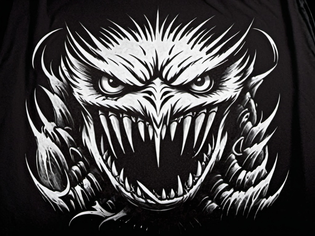 Prompt: a black and white photo of an owl with its mouth open and teeth out, with a black background, Ed Roth, gothic art, sinister, an airbrush painting (logo) for metal band “Grin of Malice