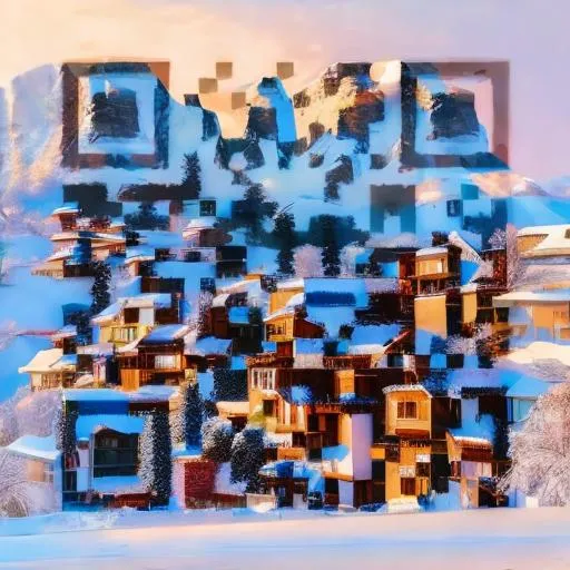 Prompt: a snowy village with mountains on the back