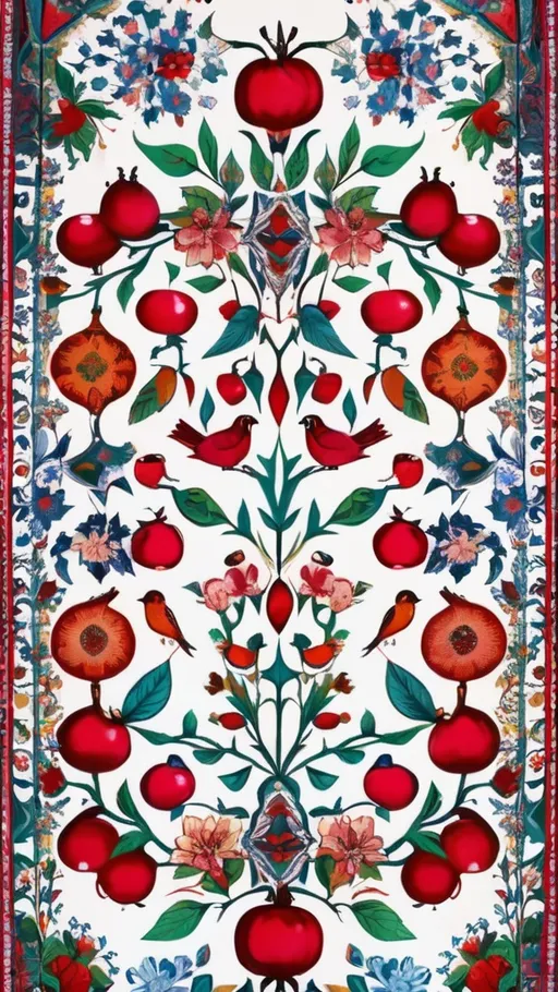 Prompt: A colorful design in the dimensions of 140x140 centimeters, its main theme is white and red, there are pomegranates and cherry blossoms in it, and some green leaves and branches and traditional Iranian designs are used, and there are small birds in it.