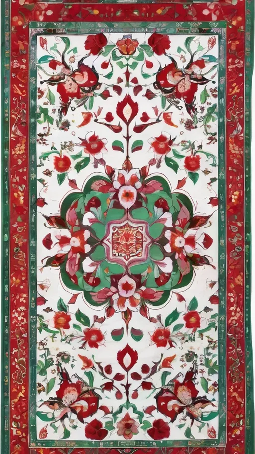 Prompt: A colorful design in the dimensions of 140x140 centimeters, its main theme is white and red, there are pomegranates and cherry blossoms in it, and some green leaves and branches and traditional Iranian designs are used, and there are small birds in it.