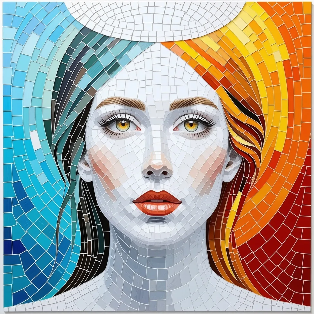 Prompt: The image is square in shape and features a background of small turquoise mosaic pieces irregularly distributed at different angles. At the top, a halo or cap appears starting from a small circular center in white, and the colors graduate in a circular manner from light yellow to light orange, then dark orange, and finally dark red. Each ring consists of adjacent mosaic pieces.

The face features light beige skin, with smaller mosaic pieces used to show fine details. The shadows consist of darker shades of beige and light brown. Around the eyes, large circles appear in orange and yellow, while the eyes are gray with clear white details. The lips are clearly drawn in red.

The hair appears in turquoise or light blue, divided into strands by mosaic pieces that appear from under the halo or cap. The mosaic pieces used in the image vary in shape between rectangular and square, and small white spaces are left between them. The pieces are placed at different angles to give movement and liveliness to the image, and the size of the pieces varies according to the area to highlight fine details.

 The color harmony in the image is based on a cool turquoise background, contrasted with warm colors in the aura such as yellow, orange and red, with neutral tones in the face, creating a strong contrast between cool and warm colors.