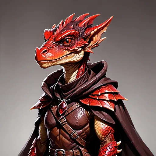 Prompt: Kobold with red scales, wearing dark brown cape