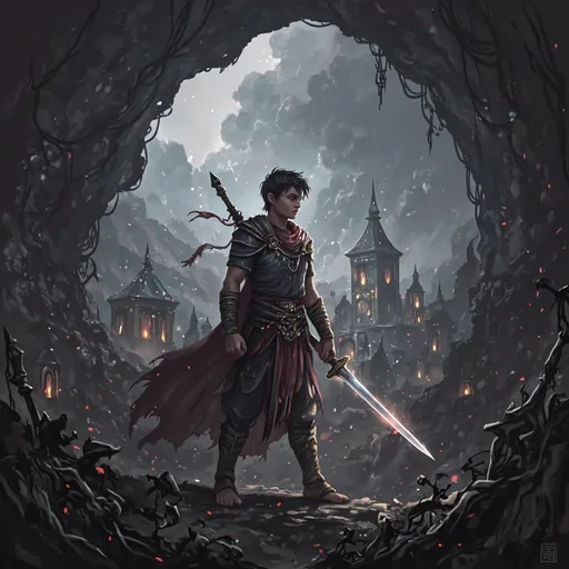 Prompt: A brave young warrior named Yatharth, dressed in ancient warrior attire, stands at the entrance of a dark cave, determined to defeat an evil sorcerer. The background shows a cursed village with dark clouds and fading light. His expression is fierce and determined, holding a glowing sword that symbolizes truth and power. The atmosphere is mystical, with a mix of hope and danger.