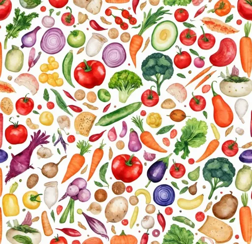 Prompt: different food items in multicolour in all shapes and sizes in a white base, repetitive images for a fabric print design in all kinds of alignment along with vegetable images - all in a watercolour effect