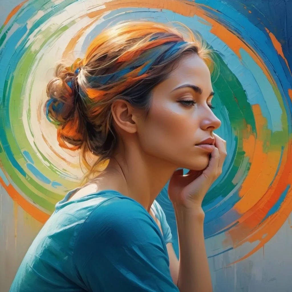 Prompt: a women  is thinking near her house paint in abstract art
