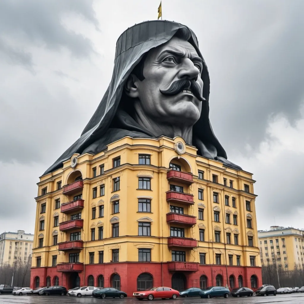 Prompt: a building in the style of "Stalin's Empire" in Kyiv in cloudy weather and above the building leans a large monster in a cloak that hides its head and from whose eyes blood flows and below on a large square people look at it with horror