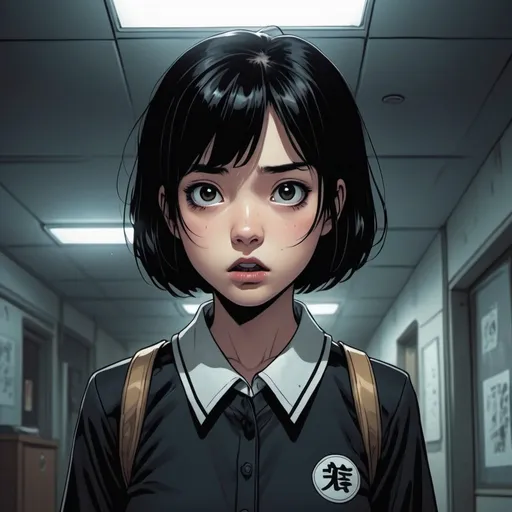 Prompt: Comics, a 20 year old woman with short black hair, wearing a black school uniform, looking up in fear, standing in a modern room, at night, on the front, Chinese horror comics, underground comix, in the style of slimmescent color scheme, documentary style realism, motor kei, uhd image, subtitle ink application, illustration, dim lighting, black outline, eerie atmosphere 00001
