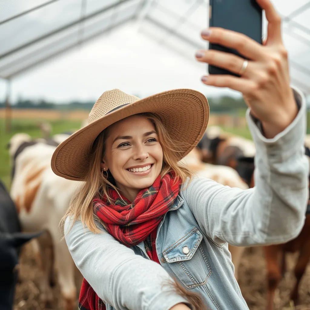 Prompt: A lady taking selfies in farm