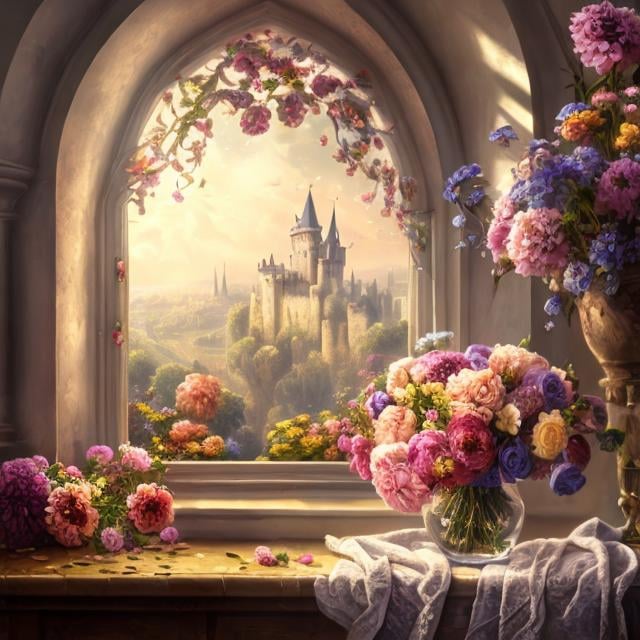 Prompt: painting of a bouquet of flowers in vase, stunning detailed scene, window in background with castle view, wide shot, bright soft diffused light, glow, digital painting, intricate, highly detailed, volumetric lighting, romantic