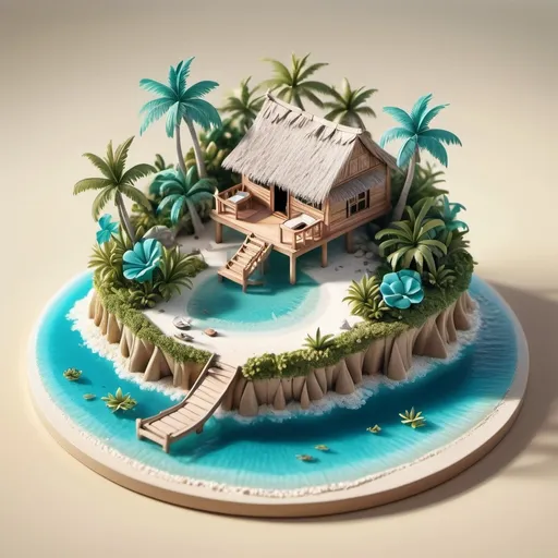 Prompt: Create an isometric world render featuring a serene Bahamian hut on a tiny island. Surround the hut with crystal-clear turquoise waters, and ensure the scene is detailed and vibrant. Position this miniature paradise on a table, highlighting the intricate details and tranquil beauty of the Bahamian landscape in a compact, artistic form."