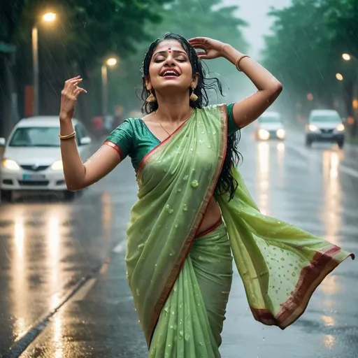 Prompt: A woman in a stylish light green saree is dancing on a rainy road. The rain adds a dramatic effect, with droplets splashing around her as she gracefully moves. Her saree is elegantly draped, and her expressions show joy and freedom. The wet road glistens under the streetlights, enhancing the mood of the scene."