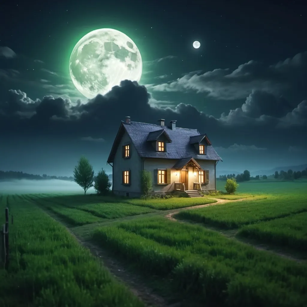 Prompt: Peaceful night scene with moonlight filling the sky and misty clouds. Small house. The bright full moon illuminates the vast green fields, creating a peaceful atmosphere. 4k