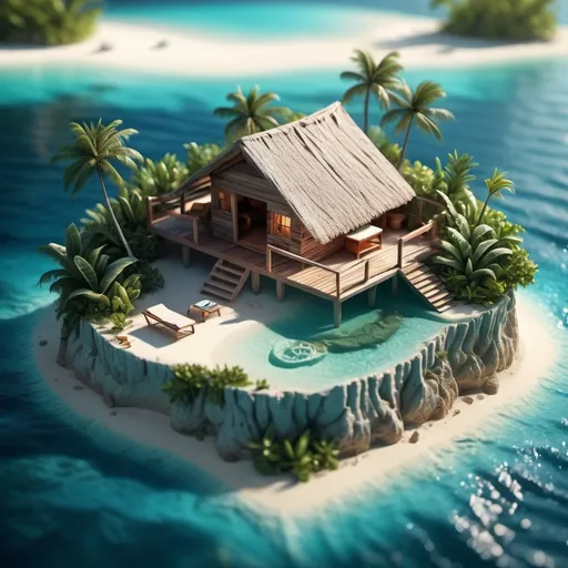 Prompt: miniature isometric world render, a hut surrounded by clear water, bahamas, on a table