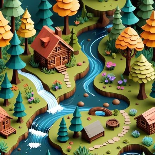 Prompt: "Create an isometric world scene set in a lush, vibrant forest with a variety of flora and fauna. The scene should include towering trees, winding rivers, and small woodland creatures. Incorporate elements like a quaint wooden cabin, a sparkling waterfall, and patches of colorful wildflowers. Ensure the colors are rich and the details are sharp to highlight the beauty and complexity of the natural environment. The overall mood should be serene and picturesque, capturing the essence of a thriving ecosystem in high definition quality."