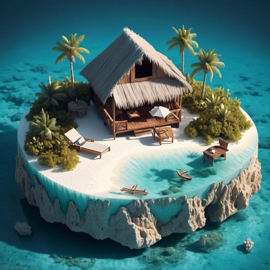 Prompt: miniature isometric world render, a hut surrounded by clear water, bahamas, on a table