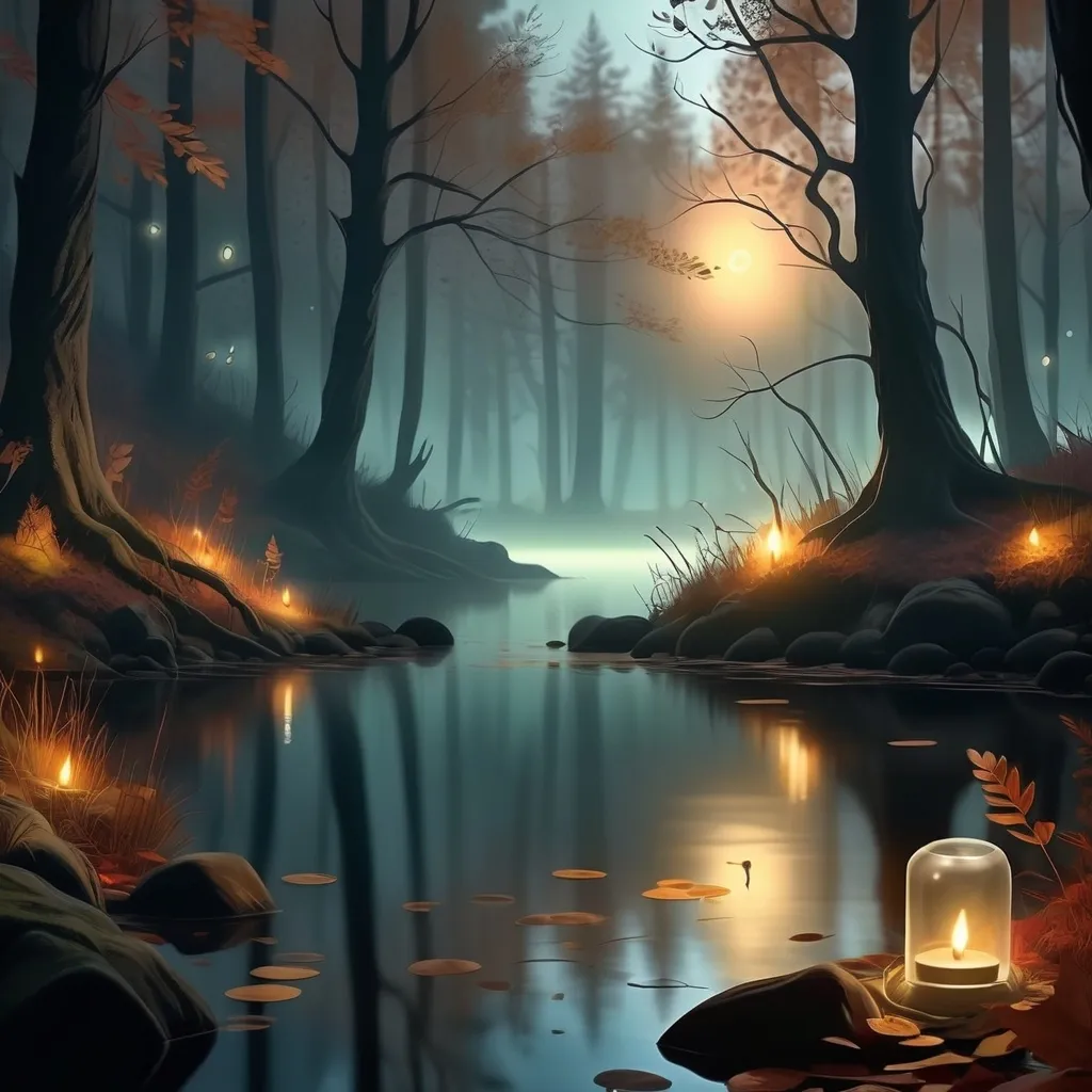 Prompt: a mysterious forest next to a lake, high quality, unreal engine