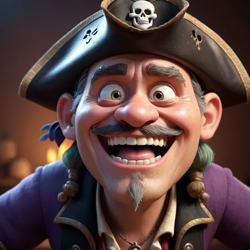 Prompt: Disney pixar character, 3d render style, old pirate evil laugh, cinematic colors