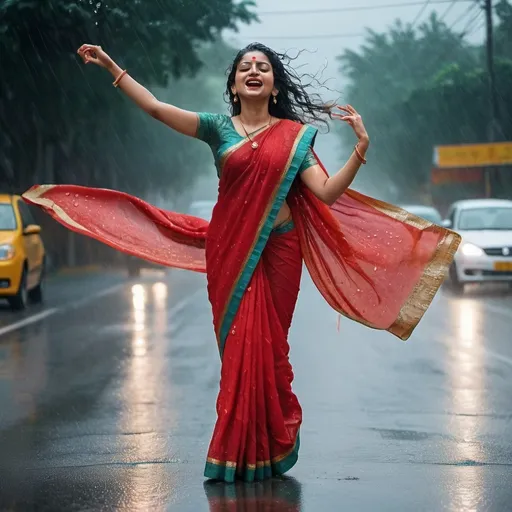 Prompt: A woman in a stylish red saree is dancing on a rainy road. The rain adds a dramatic effect, with droplets splashing around her as she gracefully moves. Her saree is elegantly draped, and her expressions show joy and freedom. The wet road glistens under the streetlights, enhancing the mood of the scene."