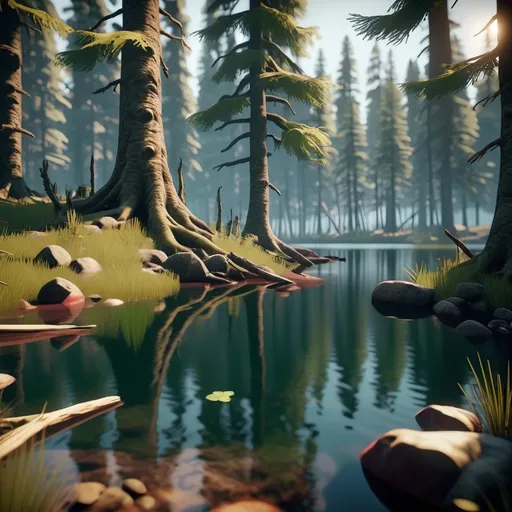 Prompt: a mysterious forest next to a lake, high quality, unreal engine