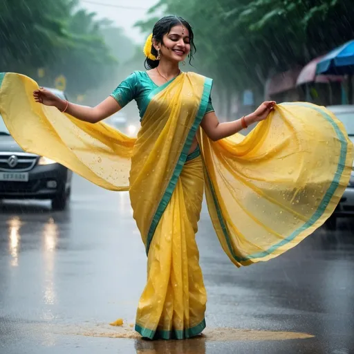 Prompt: A woman in a stylish light yellow saree is dancing on a rainy road. The rain adds a dramatic effect, with droplets splashing around her as she gracefully moves. Her saree is elegantly draped, and her expressions show joy and freedom. The wet road glistens under the streetlights, enhancing the mood of the scene."