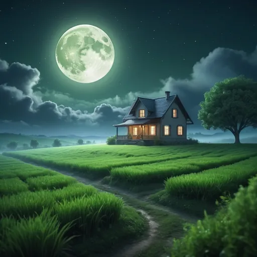 Prompt: Peaceful night scene with moonlight filling the sky and misty clouds. Small house. The bright full moon illuminates the vast green fields, creating a peaceful atmosphere. 4k