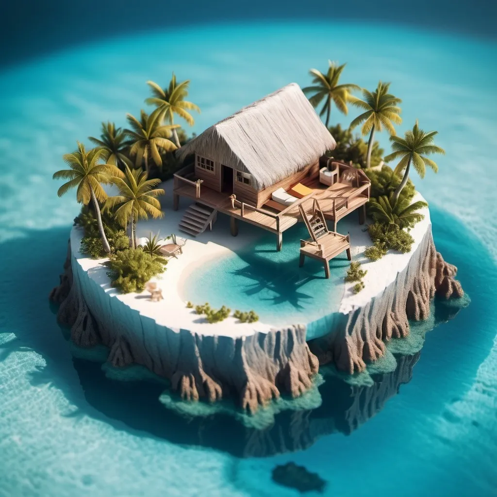 Prompt: miniature isometric world render, a hut surrounded by clear water, bahamas, on a table