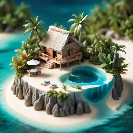 Prompt: Create an isometric world render featuring a serene Bahamian hut on a tiny island. Surround the hut with crystal-clear turquoise waters, and ensure the scene is detailed and vibrant. Position this miniature paradise on a table, highlighting the intricate details and tranquil beauty of the Bahamian landscape in a compact, artistic form."