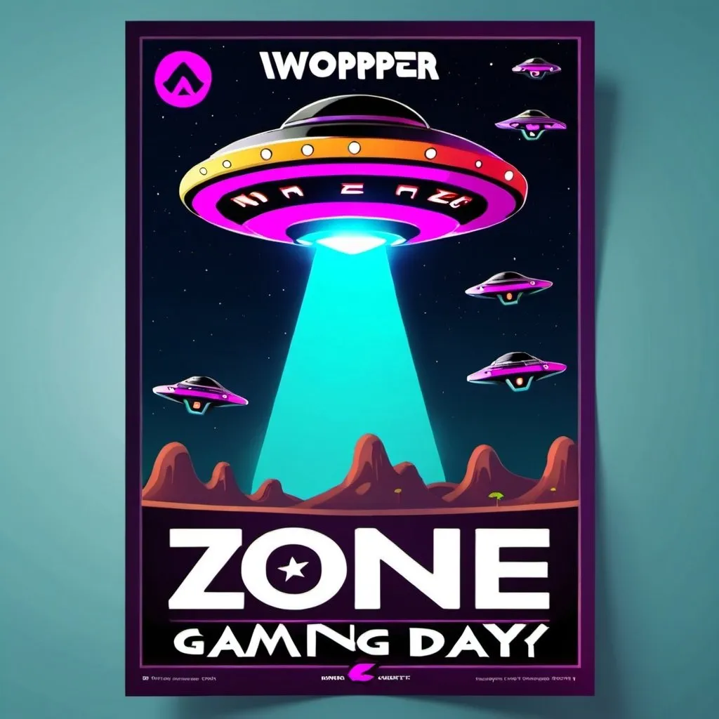 Prompt: Make a poster for wopper gaming zone, content is ufo day