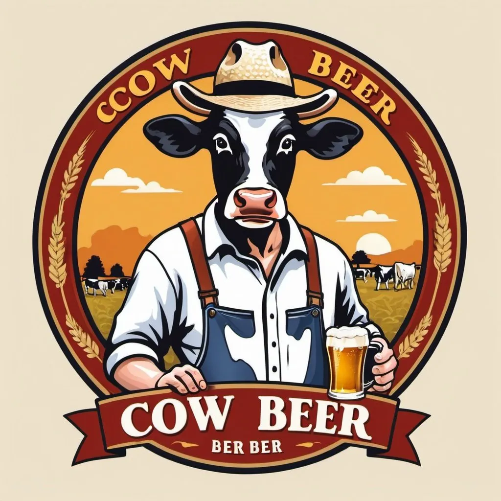 Prompt: Cow beer logo with a men with a straw hat milking beer from a cow 