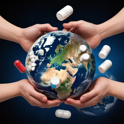 Prompt: a pair of hands holding earth, and pharmaceutical drugs around earth