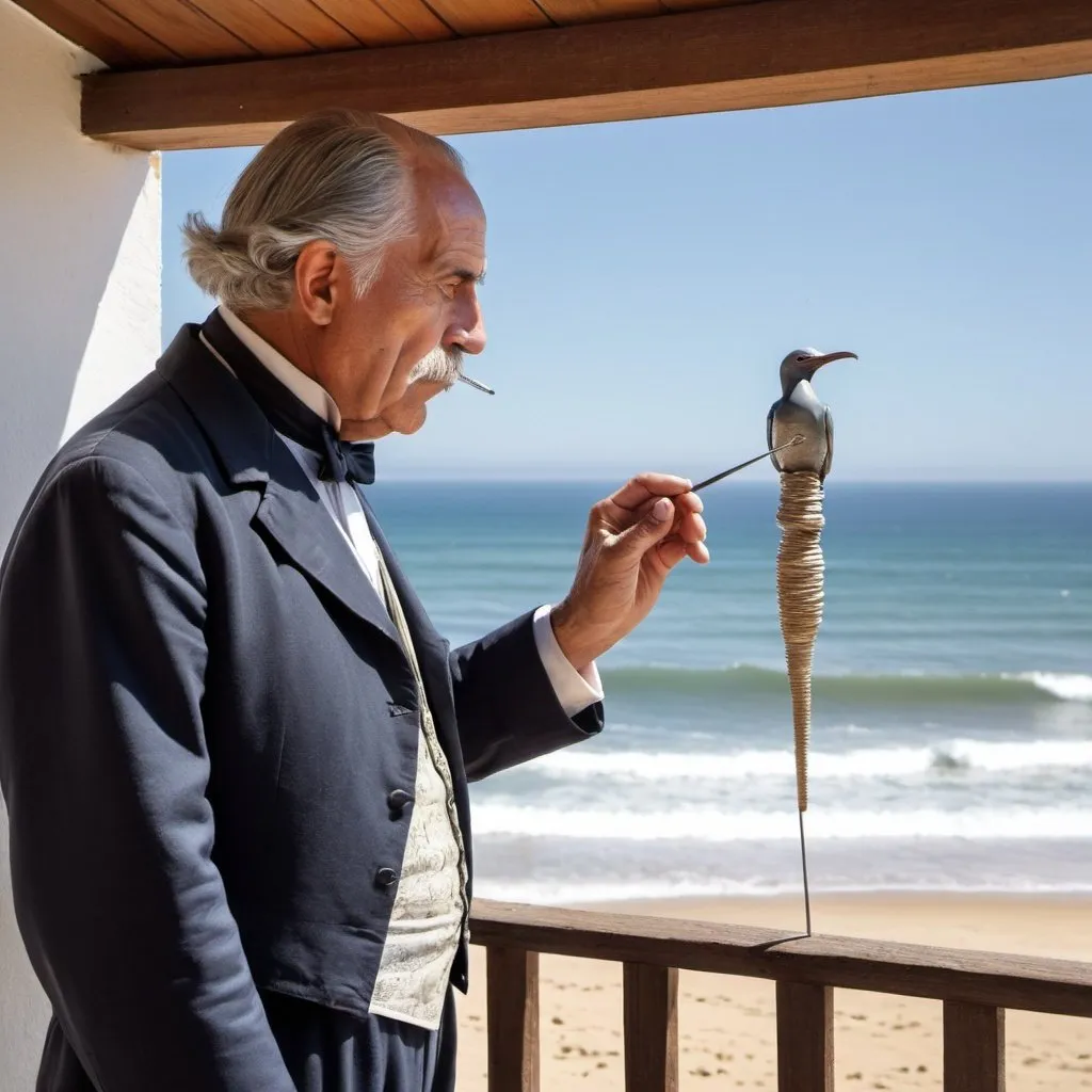 Prompt: I want to draw an older Portuguese man in traditional dress, about 100 years ago.  

He is outside a house on the beach, also from that time period, the ocean waves are strong, but not as if in a storm, in the background.   He has something in his mouth, straw or maybe a rolled cigaratte, maybe a pipe, and he is inspecting a thermometer attached to the wall on the porch of the house. 

Sandy beaches and sea birds are visible on this sunny day in Portugal
