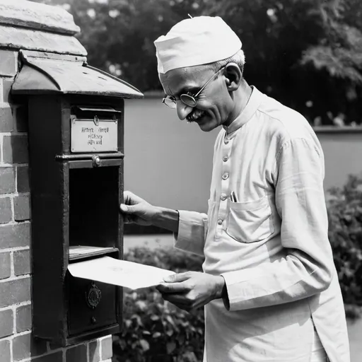 Prompt: Mahatma Gandhi posting a letter in a letter box