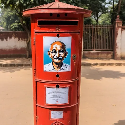 Prompt: Show an Indian Red Post Box with a Picture of Mahatma Gandhi