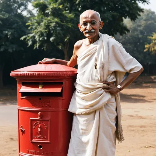 Prompt: Mahatma Gandhi standing next to a Red Indian Post Box