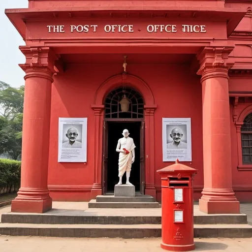 Prompt: Draw a Red Post Office Building with a Statue of Mahatma Gandhi outside the Building. It should also show a Red Post box
