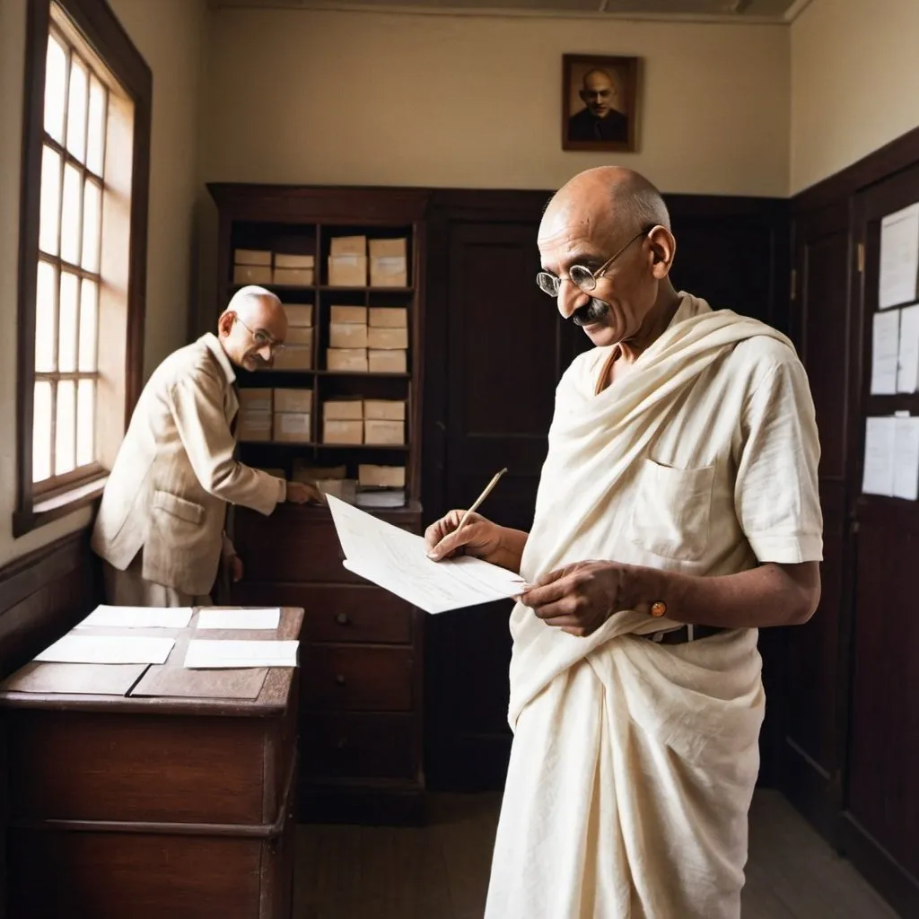 Prompt: Mahatma Gandhi is shown inside a modest postal office, handing a letter to a postal worker. The scene captures the simplicity and efficiency of the postal system during Gandhi’s time, emphasizing the importance of communication