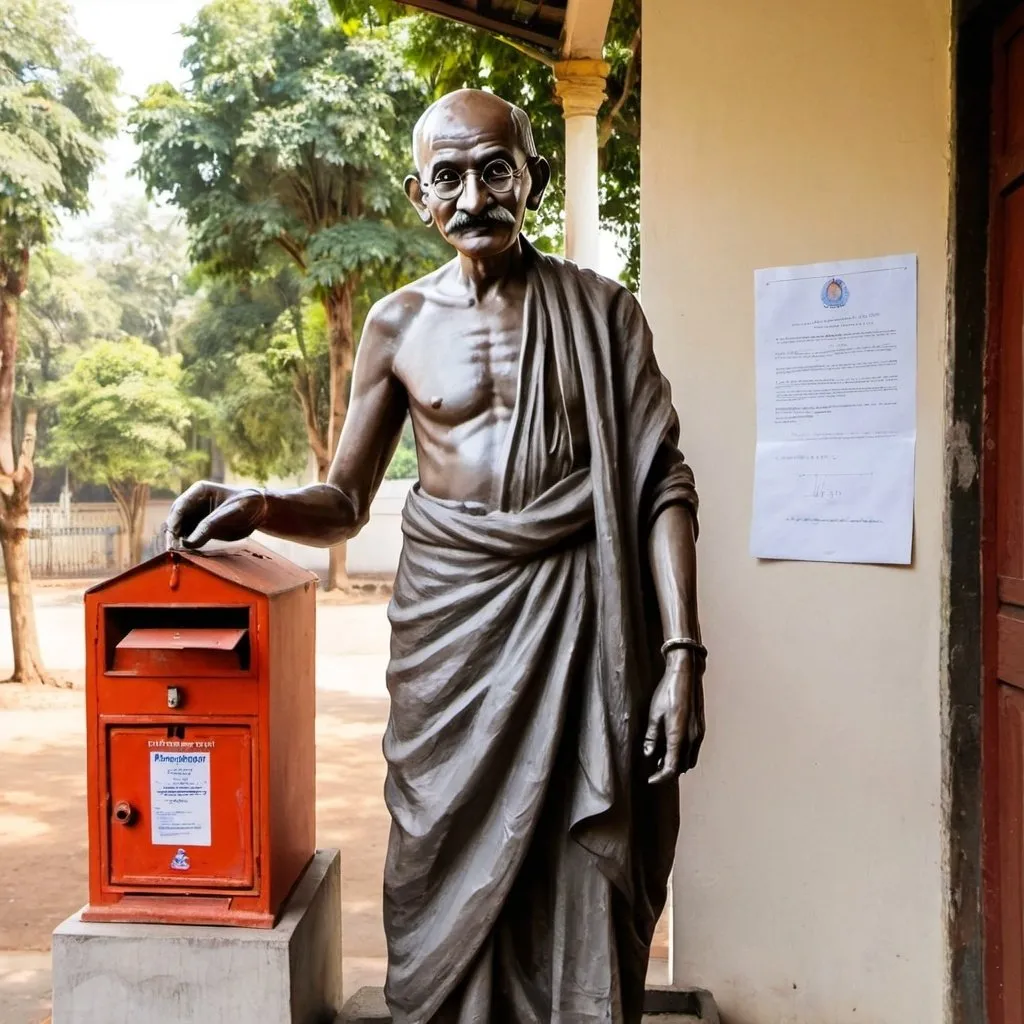 Prompt: Draw Picture of a Statue of Mahatma Gandhi next to an Indian Letter Box