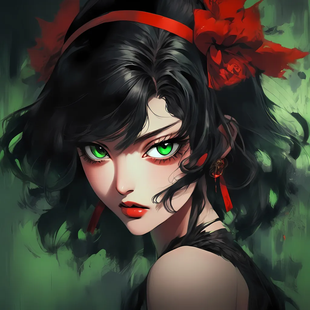 Prompt: Anime illustration of Yura of the Demon with dark aesthetic, red headband, luscious lips, short black hair, big green eyes, detailed facial features, high quality, anime, dark tones, intense gaze, detailed hair, traditional Japanese, professional, atmospheric lighting
