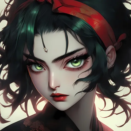 Prompt: Anime illustration of Yura of the Demon with dark aesthetic, red headband, luscious lips, short black hair, big green eyes, detailed facial features, high quality, anime, dark tones, intense gaze, detailed hair, traditional Japanese, professional, atmospheric lighting